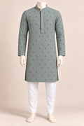 Sage Green Lattice Embroidered Men’s Kurta with White Trousers