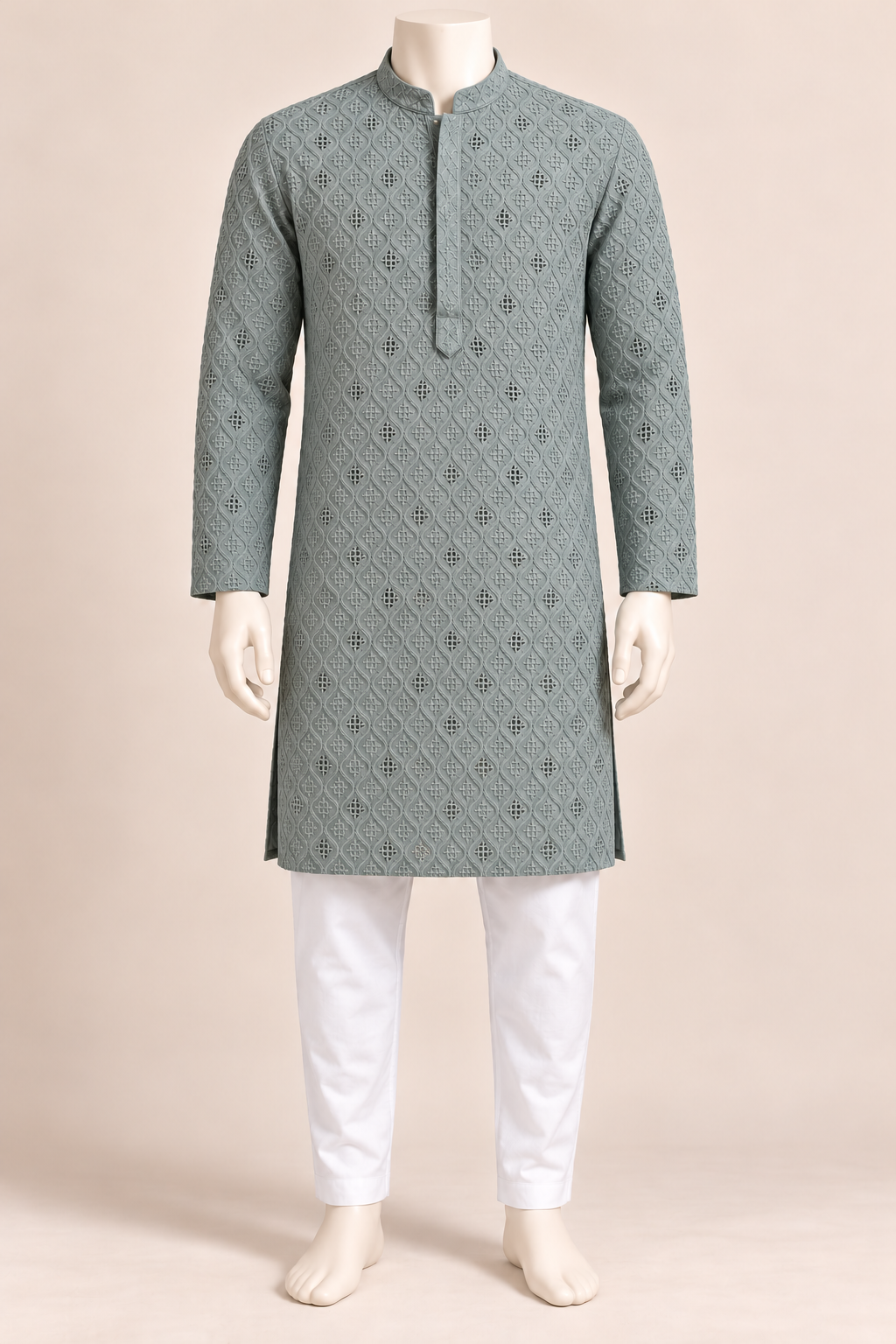 Sage Green Lattice Embroidered Men’s Kurta with White Trousers