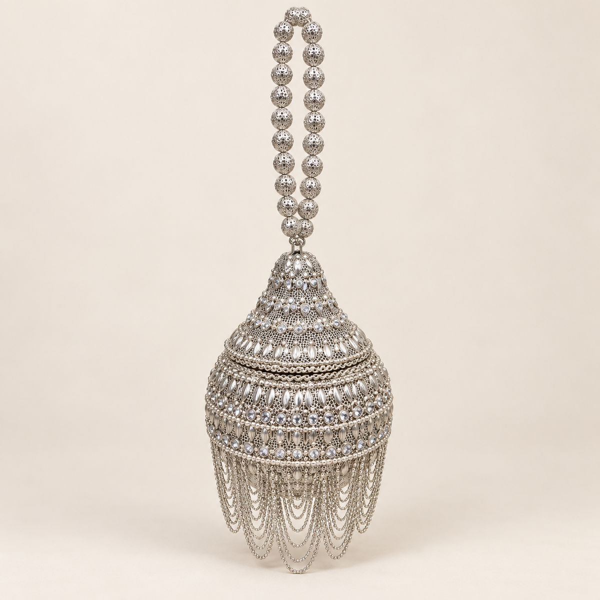 Silver-Tone Embellished Potli Bag with Draped Chains