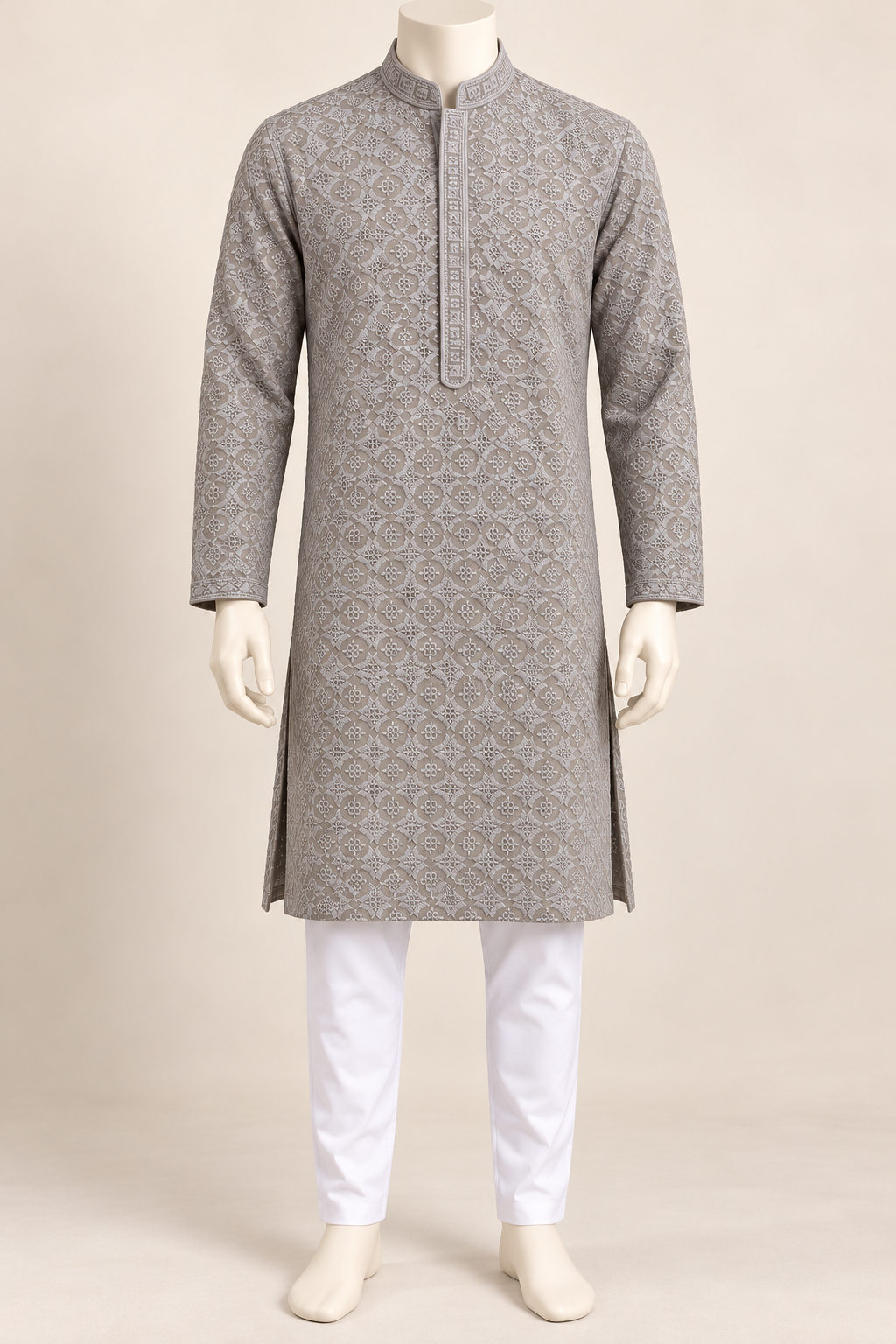 Silver Grey Geometric Embroidered Kurta