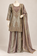 Metallic Taupe Embroidered Kurta & Palazzo Set with Dupatta