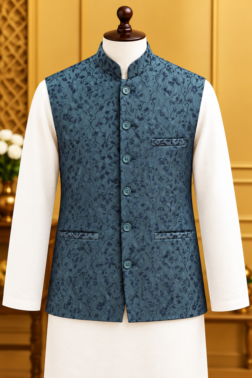 Men's Slate Teal Floral Jacquard Nehru Jacket