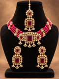 Royal Maroon & Pink Choker Set with Earrings & Maangtikka
