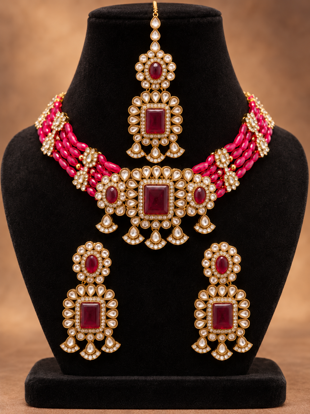 Royal Maroon & Pink Choker Set with Earrings & Maangtikka