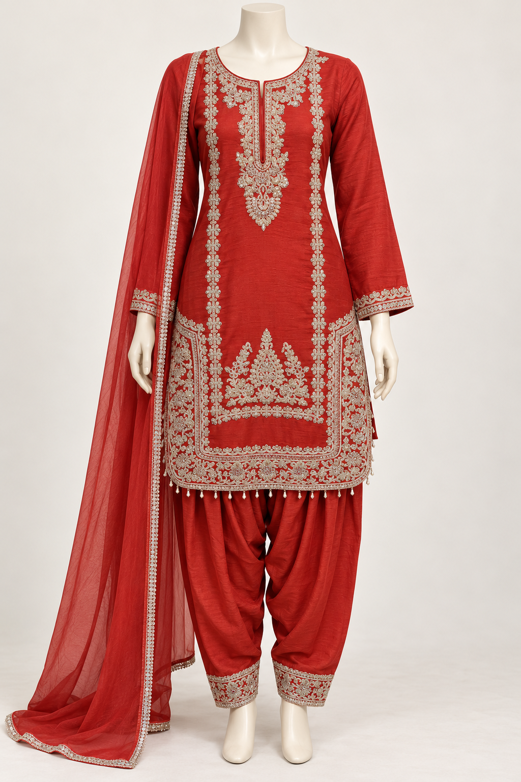 Red Embroidered Kurta & Salwar Set with Dupatta