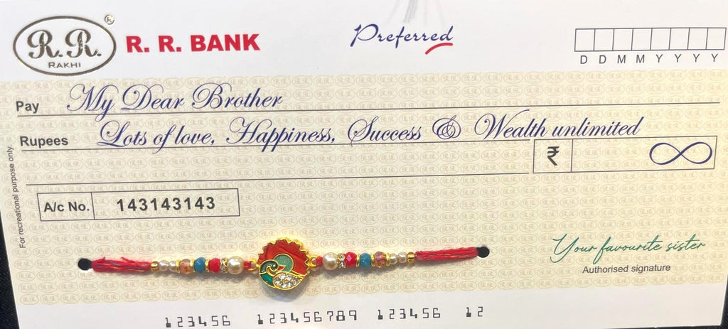 Traditional Peacock Pearl Rakhi & Novelty Shagun Cheque