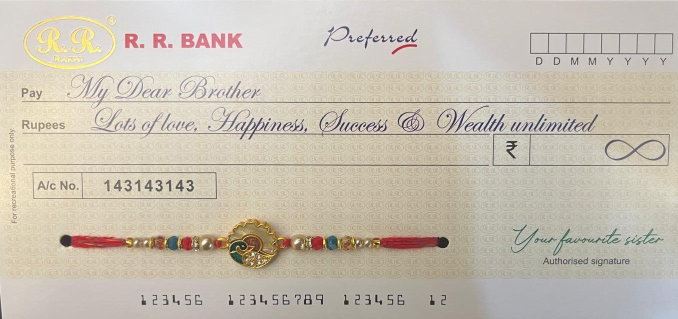 Elegant Peacock Pearl Rakhi & Novelty Shagun Cheque