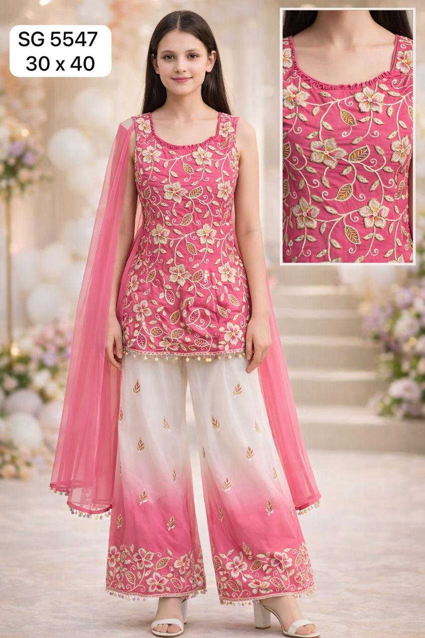 Girls Pink and White Embroidered Sharara Suit