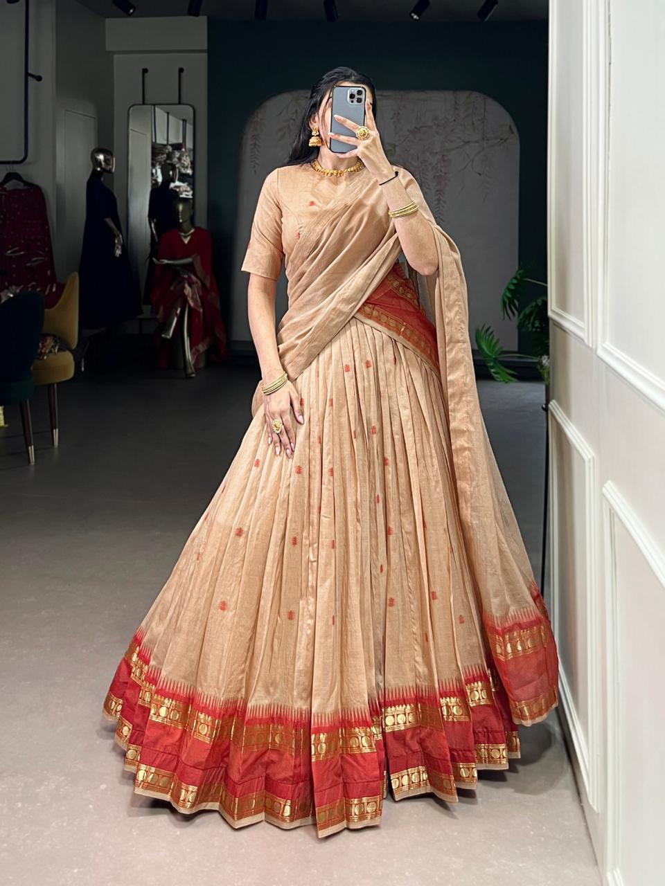 Beige and Red South Indian Half-Saree Set