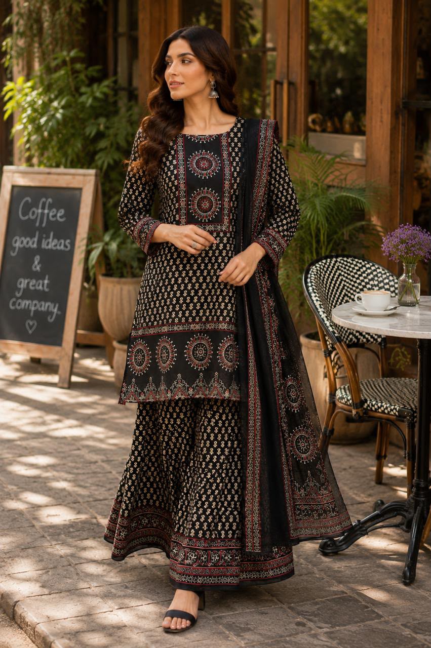Ethnic Motif Kurta Palazzo Set with Dupatta