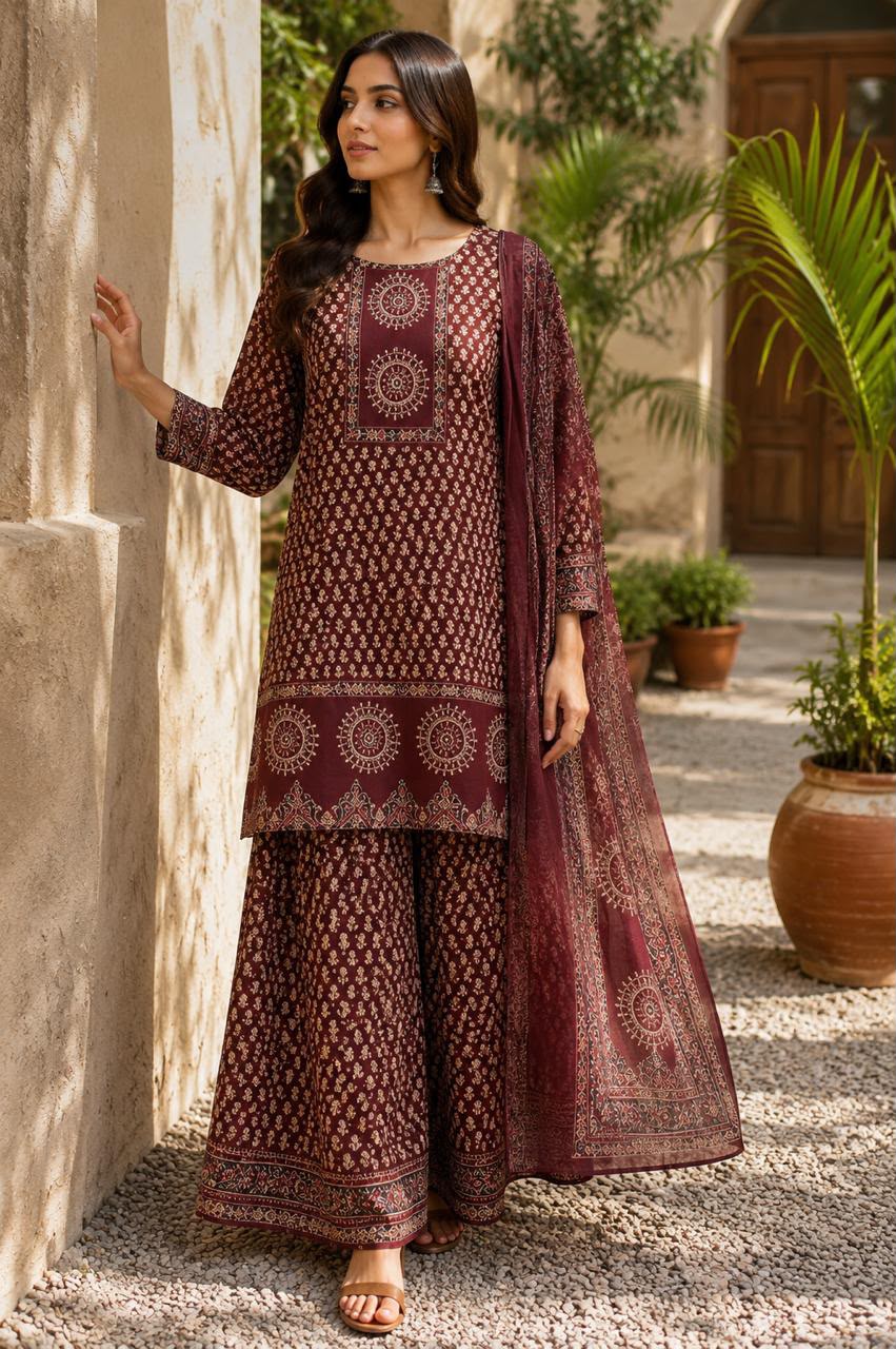 Ethnic Motif Kurta Palazzo Set with Dupatta