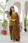 Olive Green Sleeveless Kurta Palazzo Set with Multicoloured Dupatta