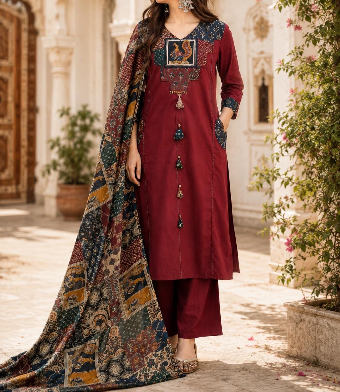 Maroon Peacock Motif Kurta Set with Printed Dupatta