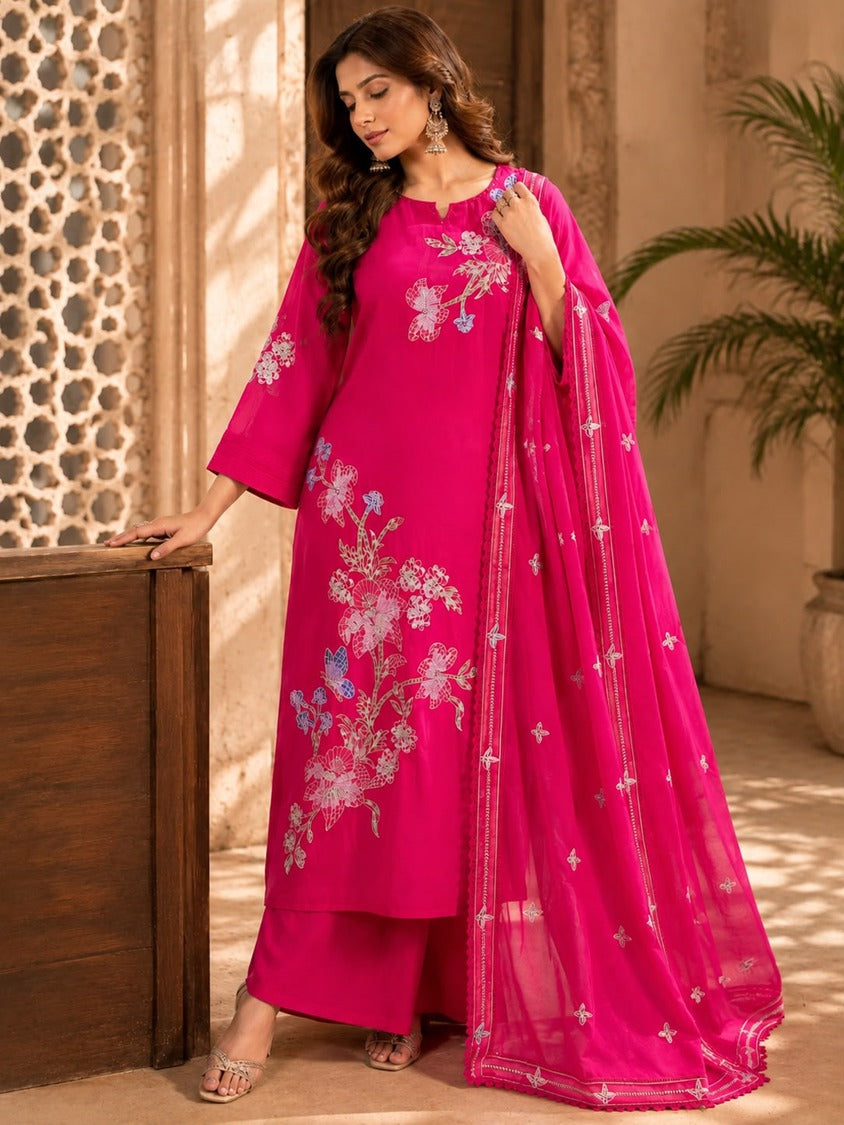 Rani Pink Floral Kurta Palazzo Set with Dupatta