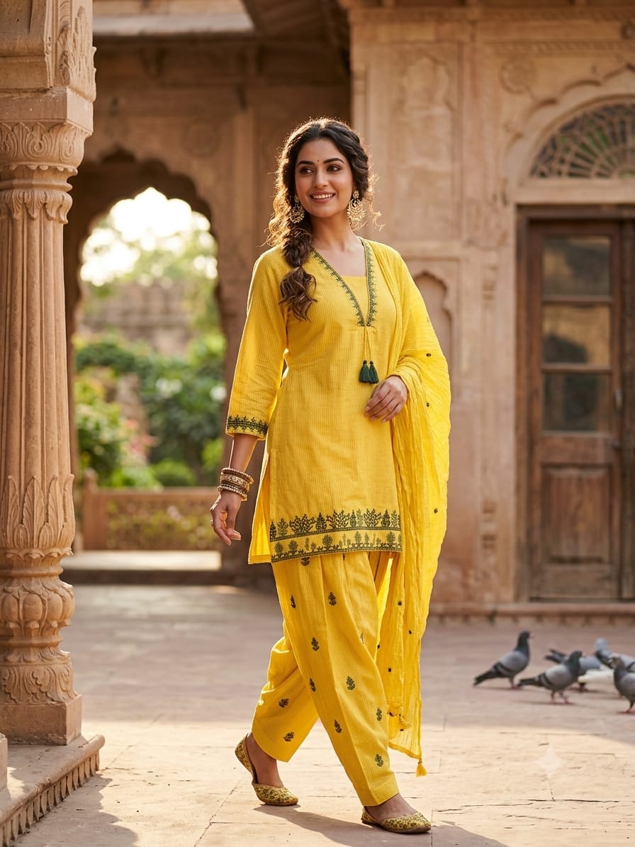 Contrast Embroidered Kurta Salwar Set with Dupatta