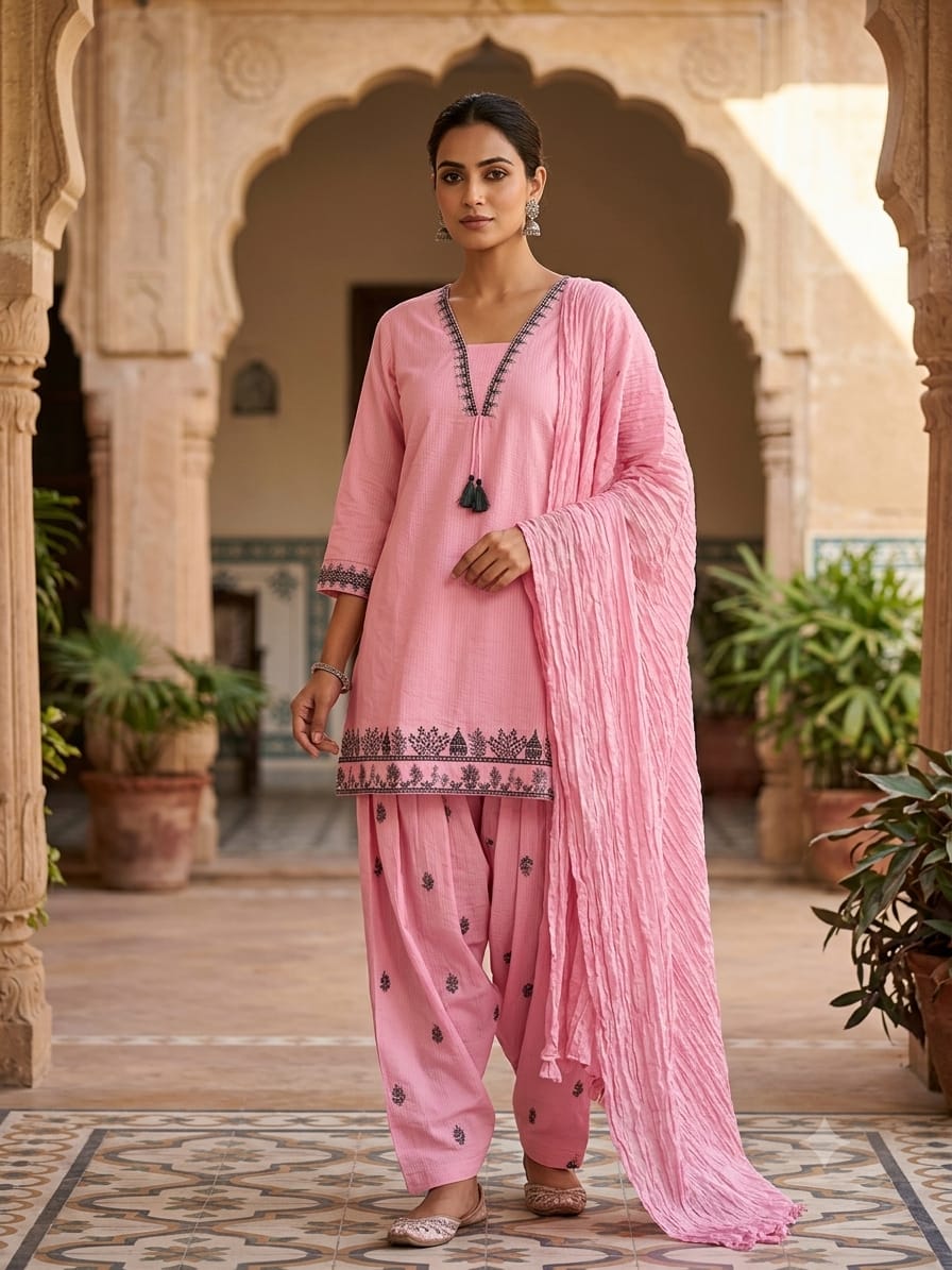 Contrast Embroidered Kurta Salwar Set with Dupatta