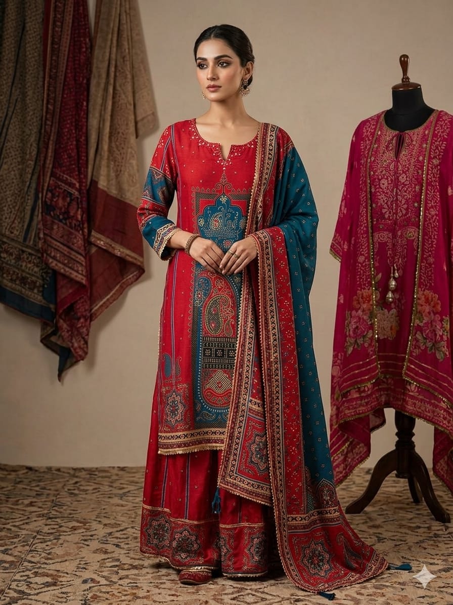 Red & Teal Paisley Kurta Palazzo Set with Dupatta