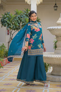 Teal Blue Floral Kurta Palazzo Set with Dupatta