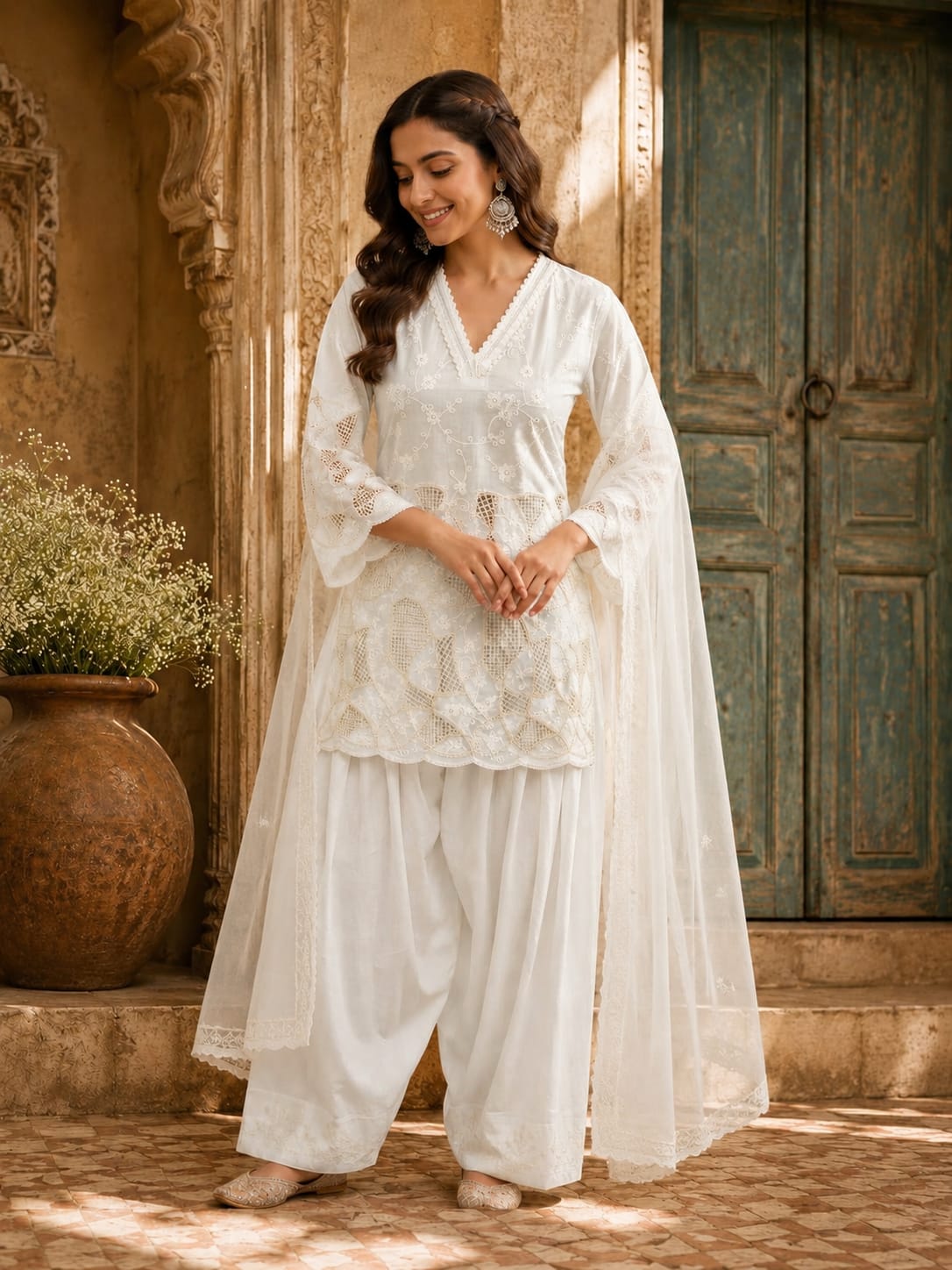 Ivory White Embroidered Kurta Salwar Set with Dupatta