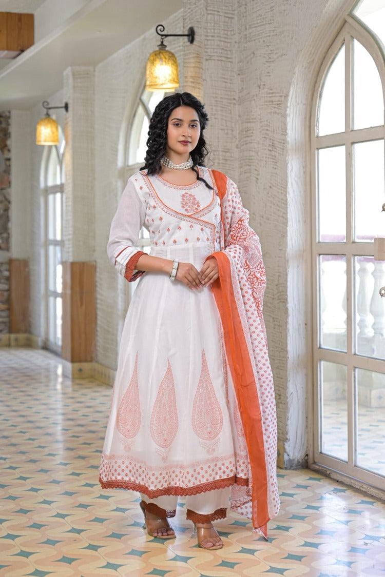 White & Orange Paisley Anarkali Set with Dupatta