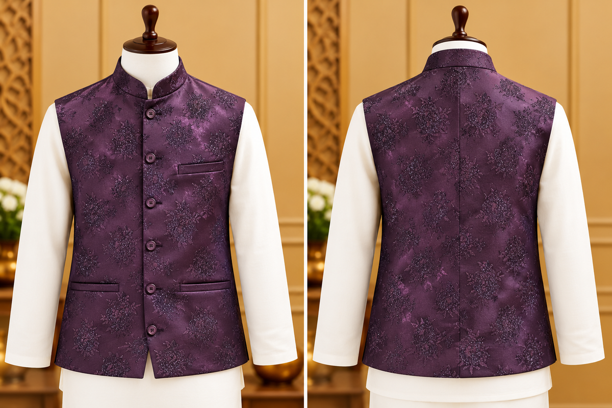 Men's Deep Plum Purple Floral Jacquard Nehru Jacket