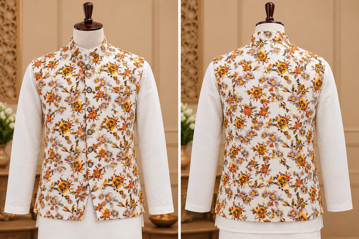 Men's Ivory Floral Print Nehru Jacket