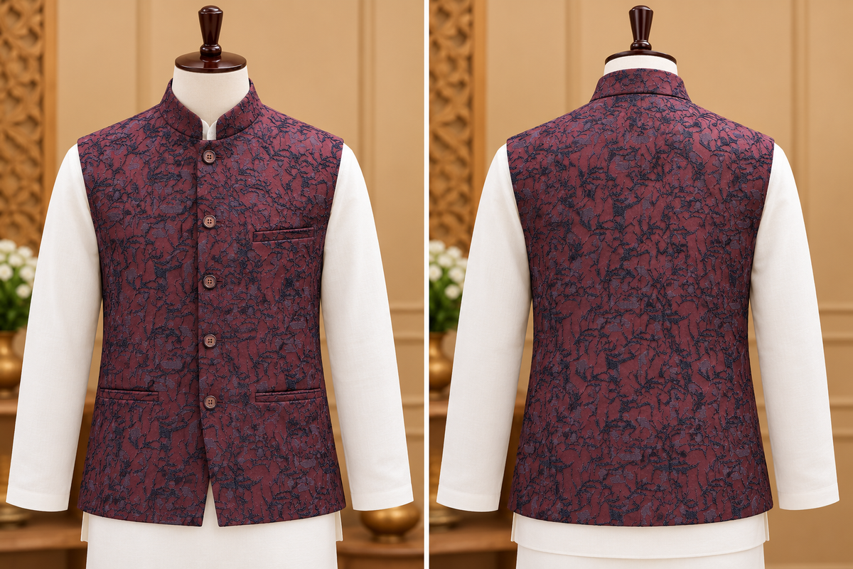 Men's Maroon Textured Jacquard Nehru Jacket