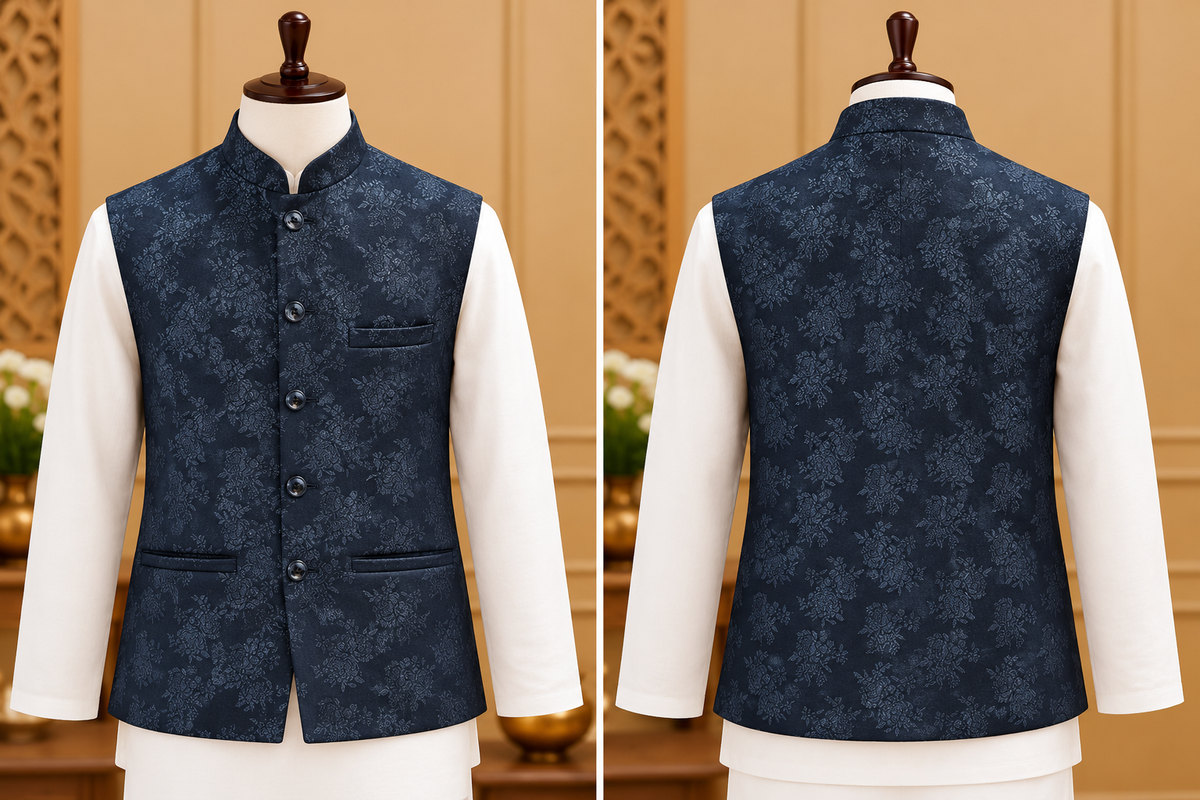 Men's Midnight Navy Blue Floral Jacquard Nehru Jacket