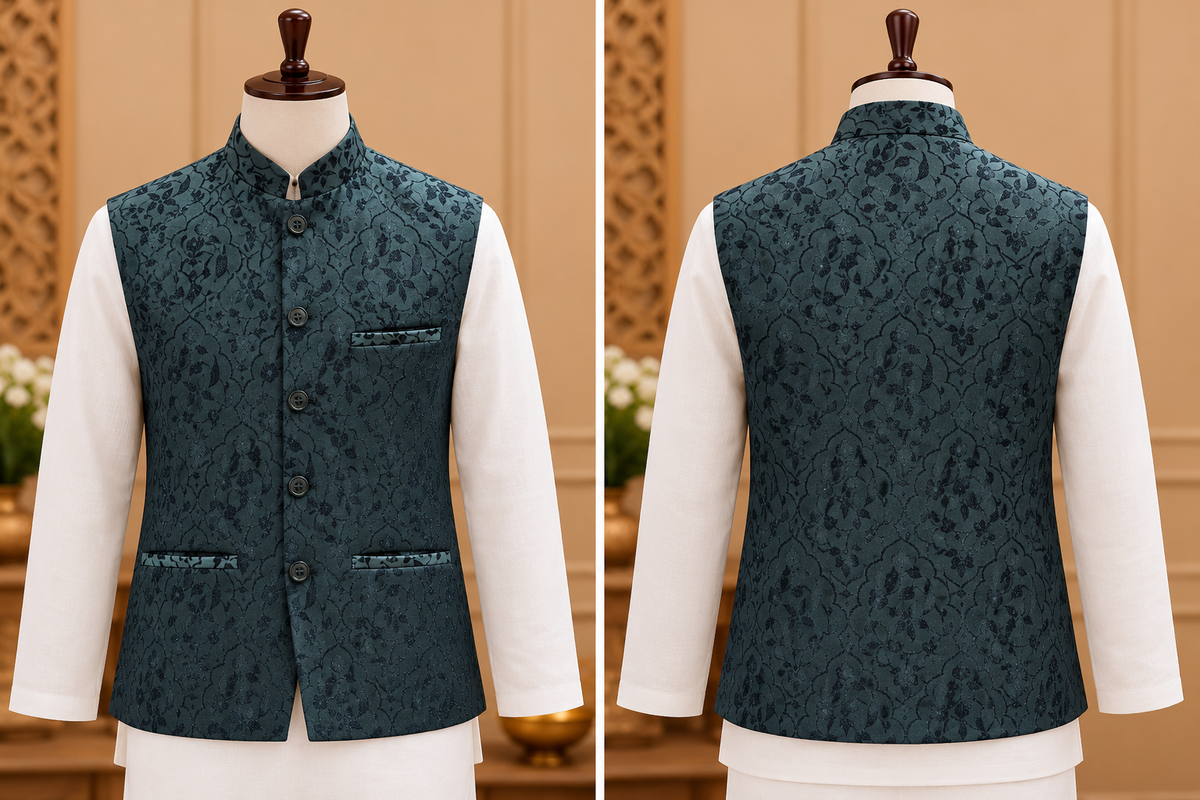 Men's Teal Blue Floral Jacquard Nehru Jacket